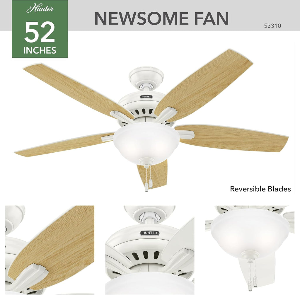 Hunter 52 inch Indoor Ceiling Fan with LED Light - White Ceiling Fan with Pull Chain, For Bedroom or Living Room, Standard Mount, No Remote, 5 Blades, Includes Bulbs - Newsome 53310, Fresh White