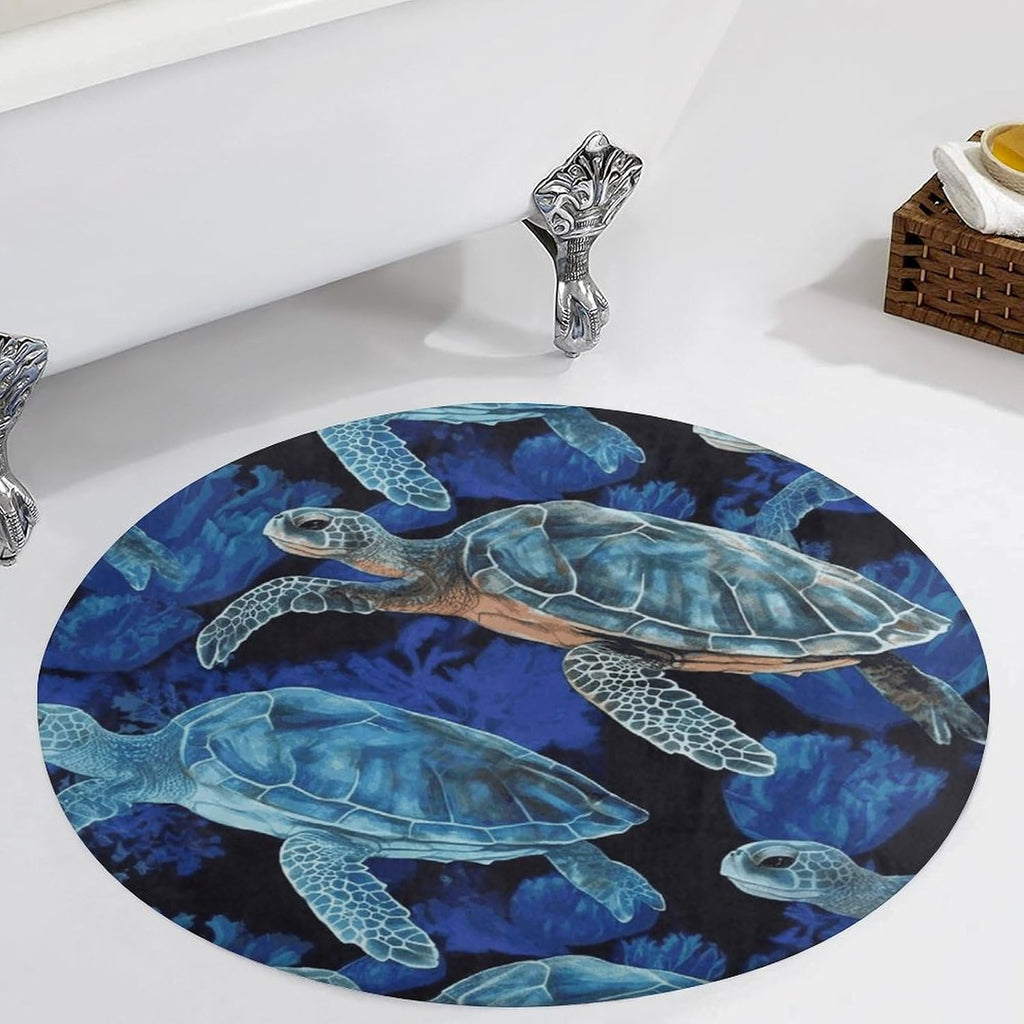 Blue Sea Turtle in Ocean Coral Velvet Round Floor Mat Non-Slip Bath Rug Floor Covering for Bathroom Vanity Guest Suite & Vacation Home