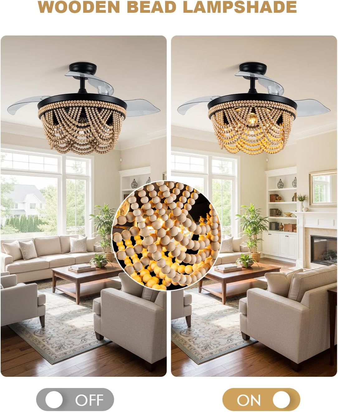 Bella Depot 42 Inch Boho Ceiling Fan with Light, Flush Mount Wood Beaded Fandelier Chandelier Fan, 6 Speeds Reversible Bladeless Ceiling Fan for Bedroom Living Room Kitchen, Black
