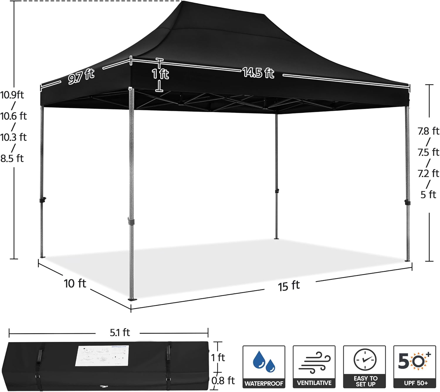 Yaheetech Heavy Duty Pop Up Canopy Tent, 10x15 Commercial Instant Shelter Tent, Outdoor Adjustable Canopy with Wheeled Bag, 4 Sandbags & 8 Stakes, Black