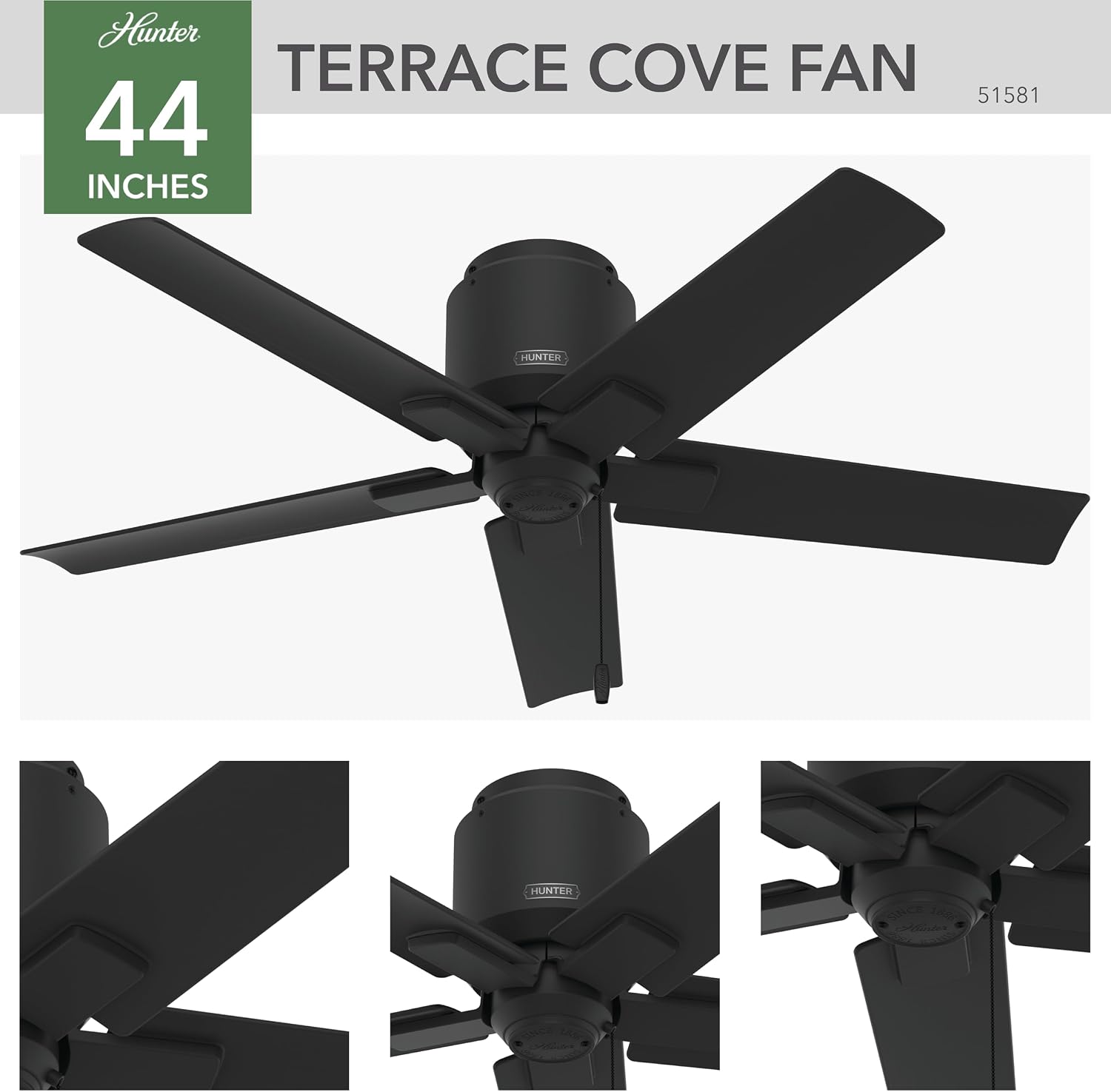 Hunter 44 inch Outdoor or Indoor Ceiling Fan No Light - Ceiling Fan without Light, For Patio, Porch, Garage, or Living Room, Low Profile Mount, 5 Blades, Pull Chain - Terrace Cove 51581, Matte Black