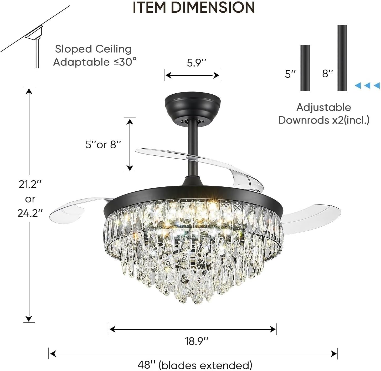 48 Inch Chandelier Ceiling Fan with Lights, Retractable Fan with Remote and APP, Crystal Fandelier Ceiling Fan, Dimmable LED, Reversible Motor, Quiet for Bedroom Living Room-Black