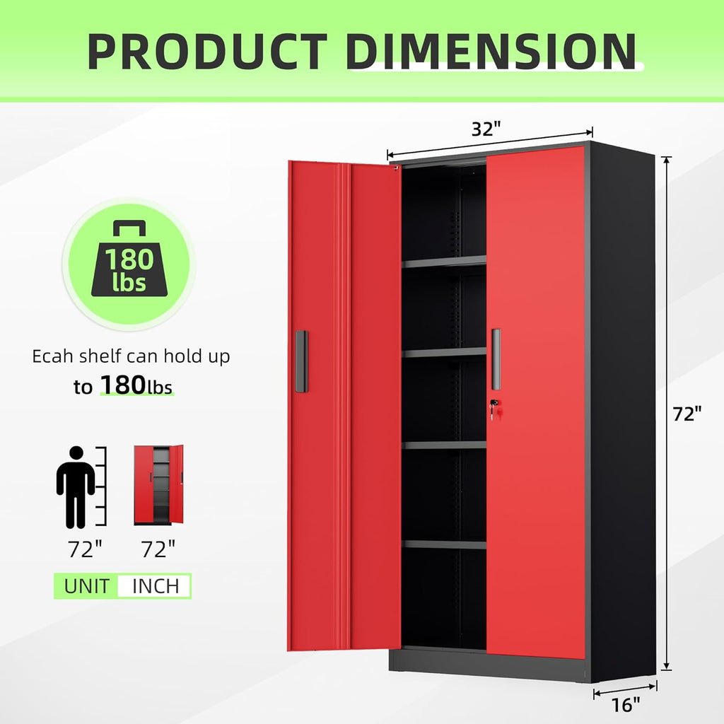 Bonusall 72' Metal Garage Storage Cabinet - 900lbs Heavy Duty Steel Cabinet with 3-Point Locking System & 4 Adjustable Shelves, Lockable Tall Storage for Garage, Office, Warehouse - Black & Red