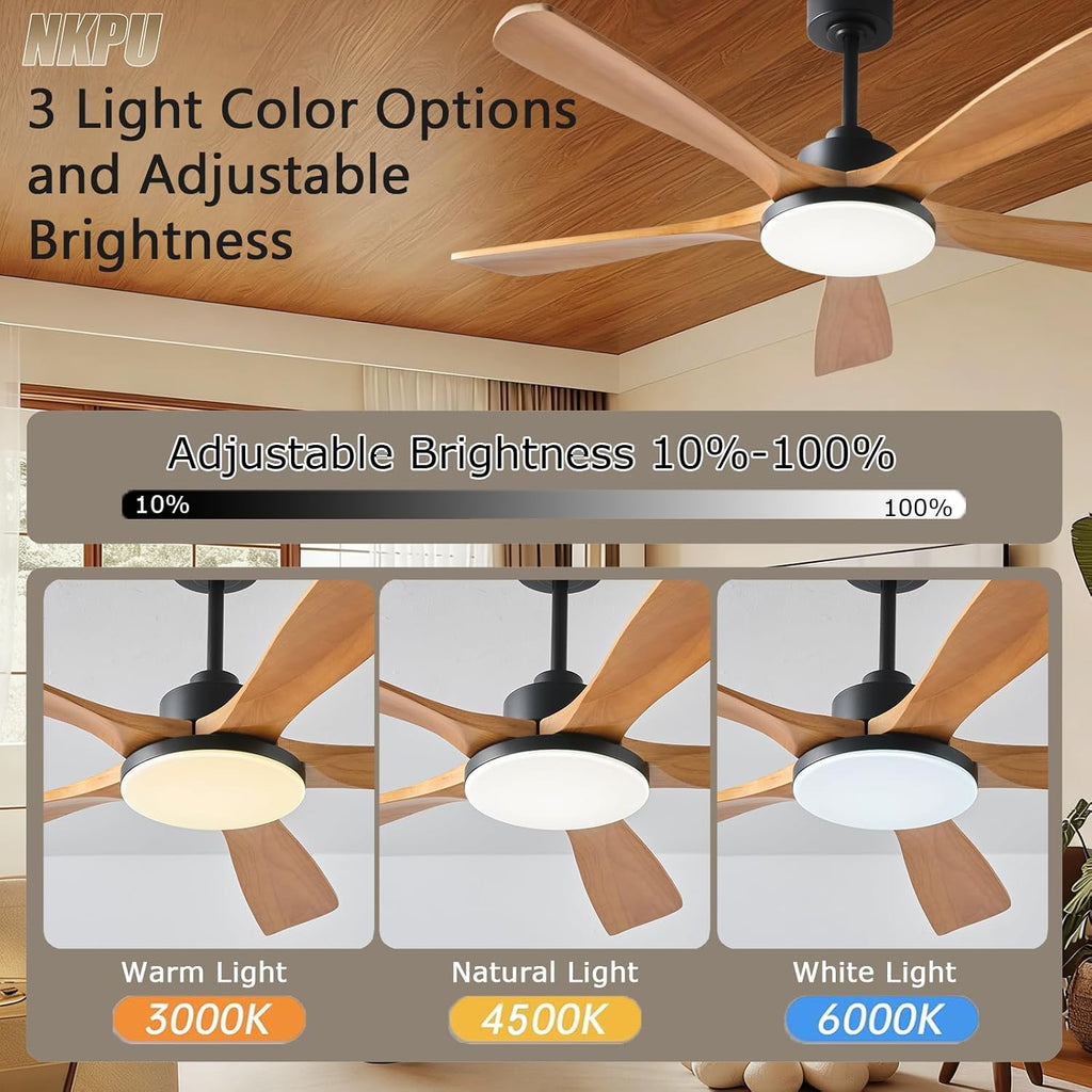 NKPU Ceiling Fans with Lights and Remote Control, 5 Solid Wood Blades, 3CCT Dimmable, 56 Inch Modern Outdoor Ceiling Fans for Bedroom Farmhouse Patios, Quiet DC Motor