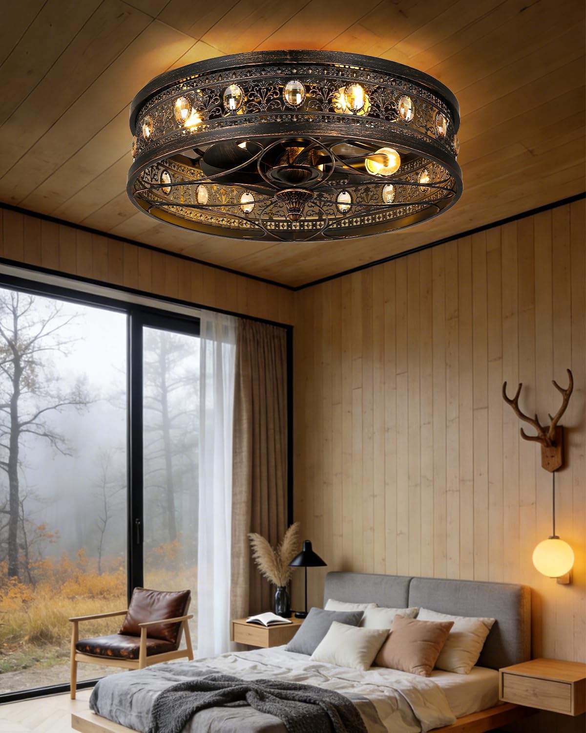 Fandelier Ceiling Fan with Light, Vintage Victorian Rustic Crystal Fandelier, Caged Enclosed Bladeless Chandelier Fan, Low Profile Flush Mount for Bedroom, Kitchen, Living Room, Dining Room