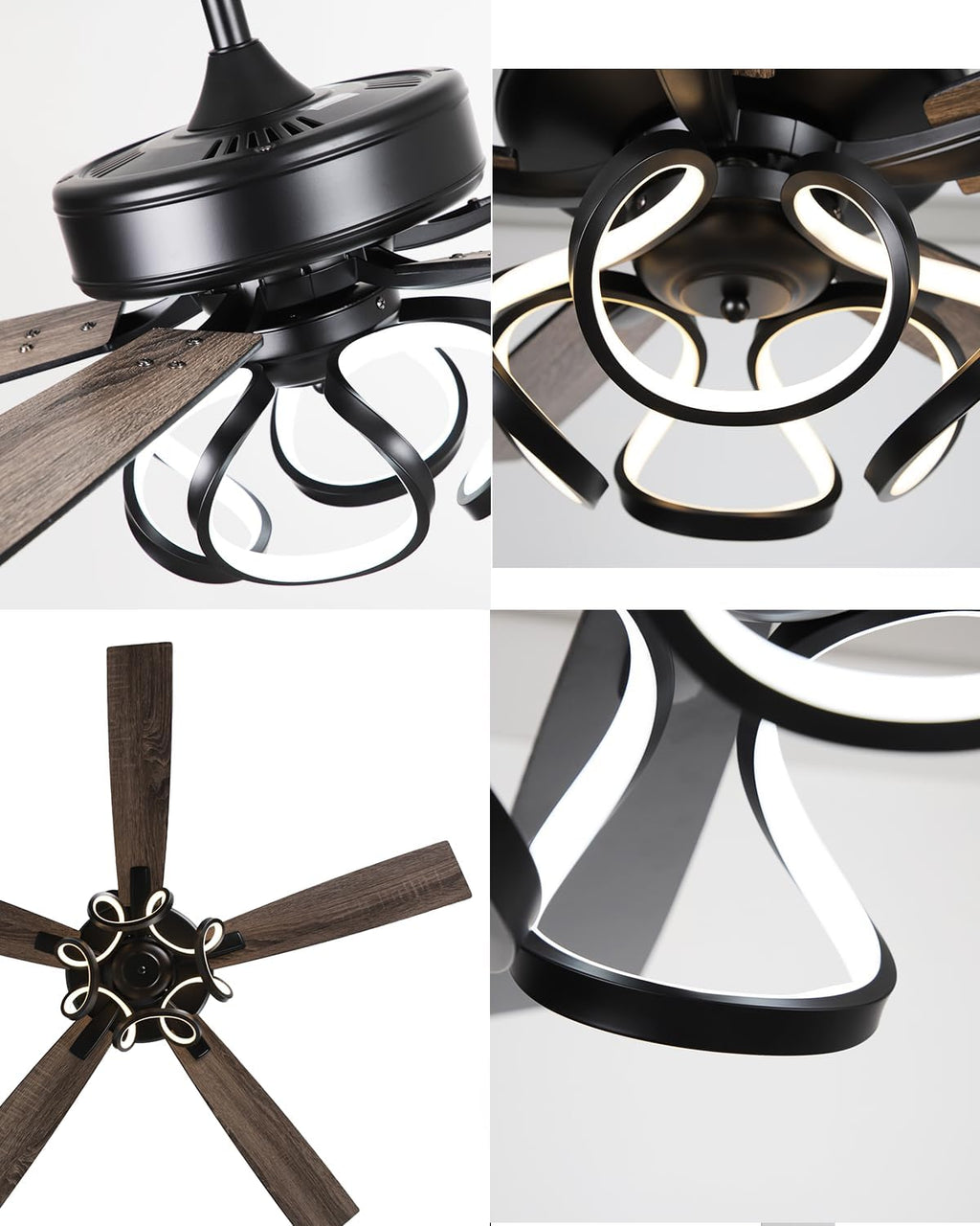 52 Inch Ceiling Fans with Lights, Creative Modern Black Ceiling Fan and Remote, Dimmable, 6 Speeds, Quiet, Dual-Sided Reversible 5 Blades Indoor Outdoor Chandelier Fan for Bedroom Living Room