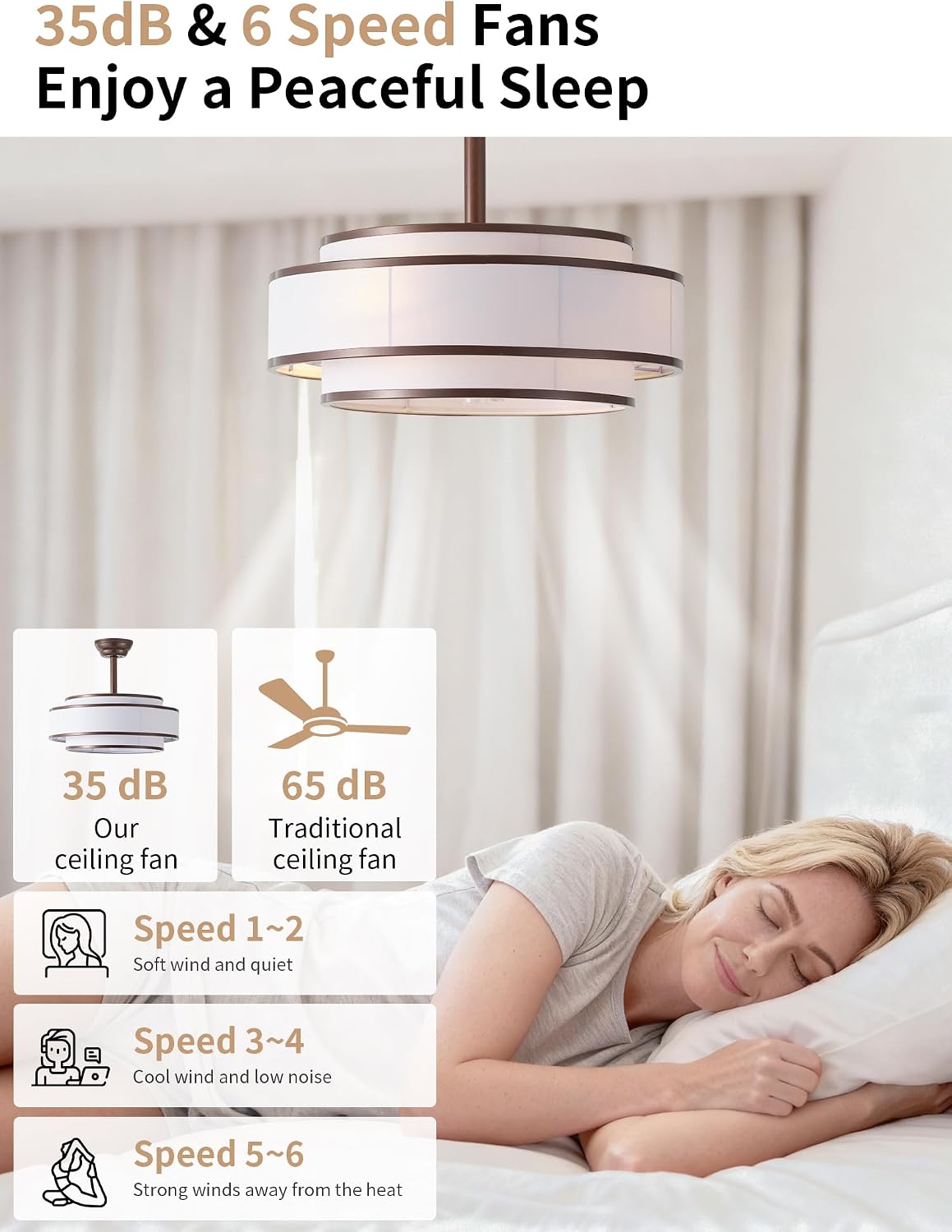 20' Caged Ceiling Fans with Lights and Remote, Fandelier Ceiling Fan with Light, Modern Bladeless Quiet Reversible Motor 6 Speeds for Bedroom, Nursery, Living Room, Brown