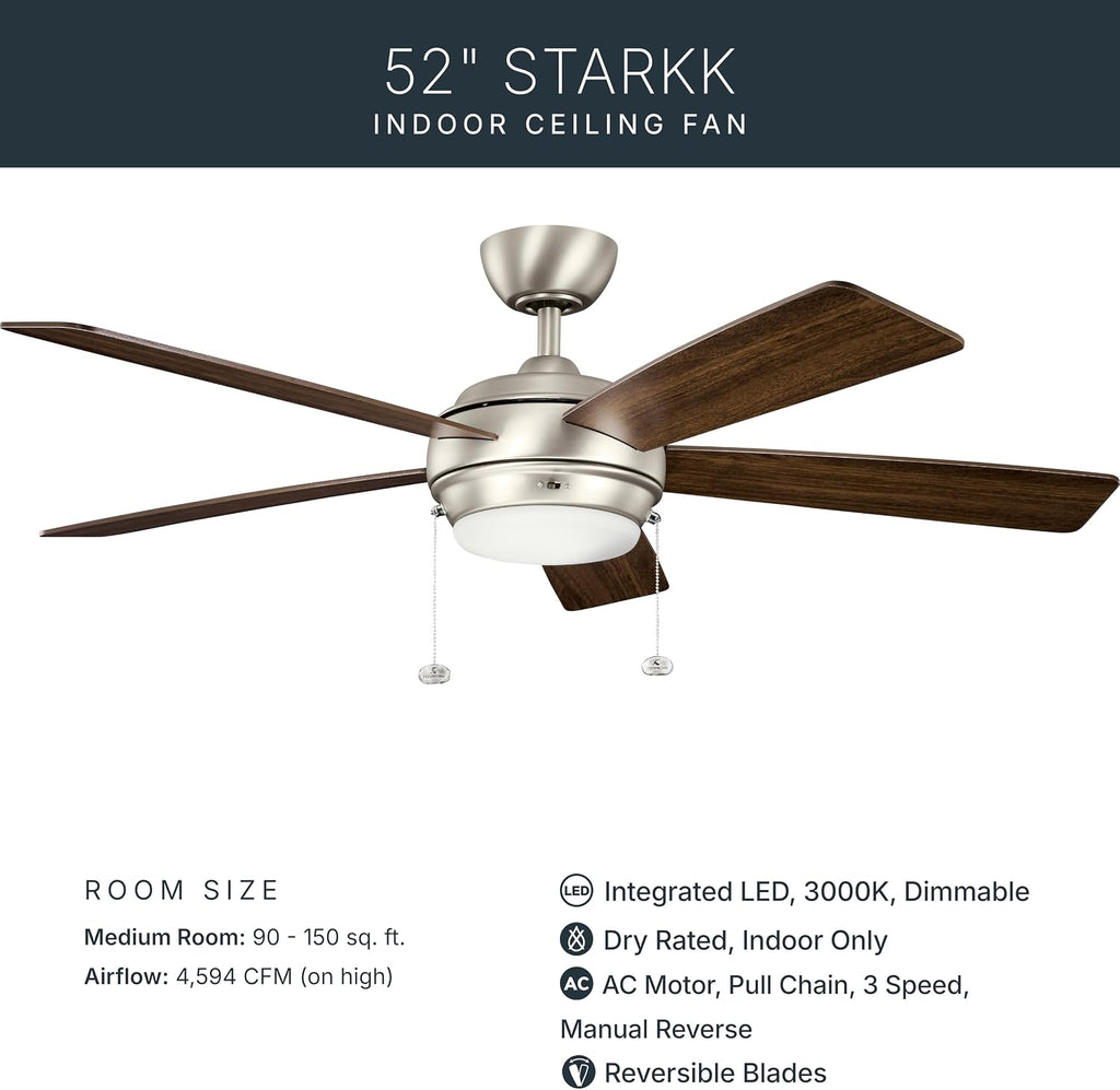 Kichler Starkk 52' Ceiling Fan with LED Lights in Brushed Nickel, 5-Blade Traditional Fan with reversible Silver/Walnut blades, 3000K, (52' W x 13.75' H), 330174NI