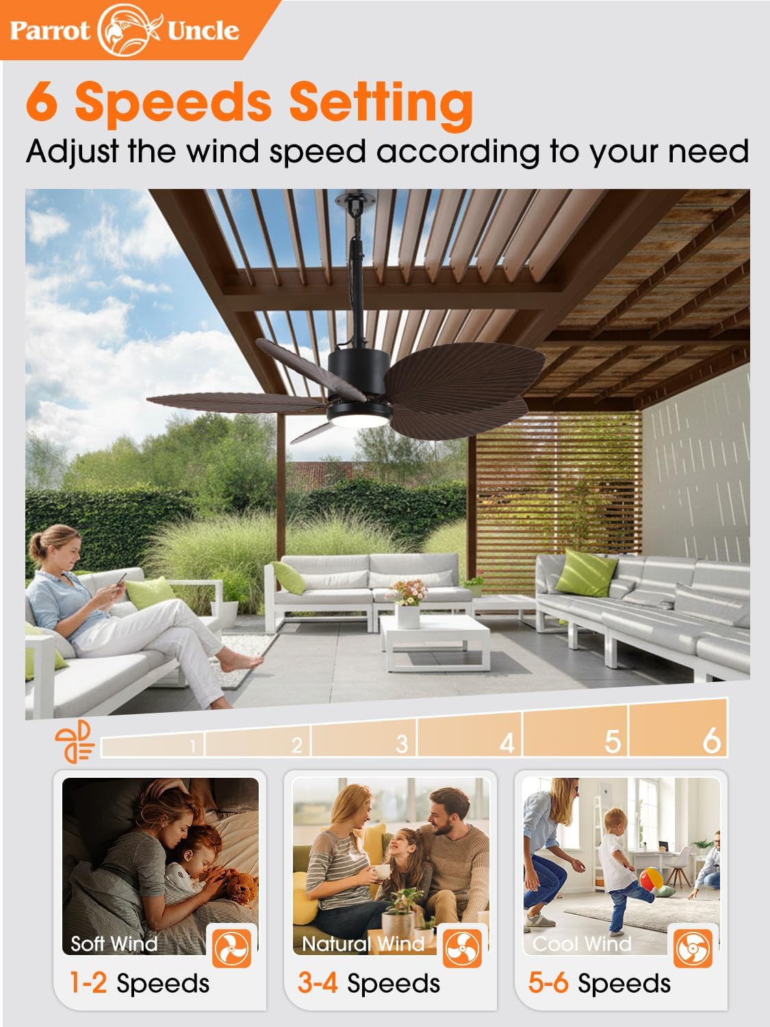 Parrot Uncle 42 Inch Outdoor Palm Leaf Ceiling Fan,IP66 Outdoor Waterproof Ceiling Fan with Light,3CCT 6-Speed Quite DC Motor, Wet Rated Plug in Fans for Patios Porch Pergola (Brown & Black)