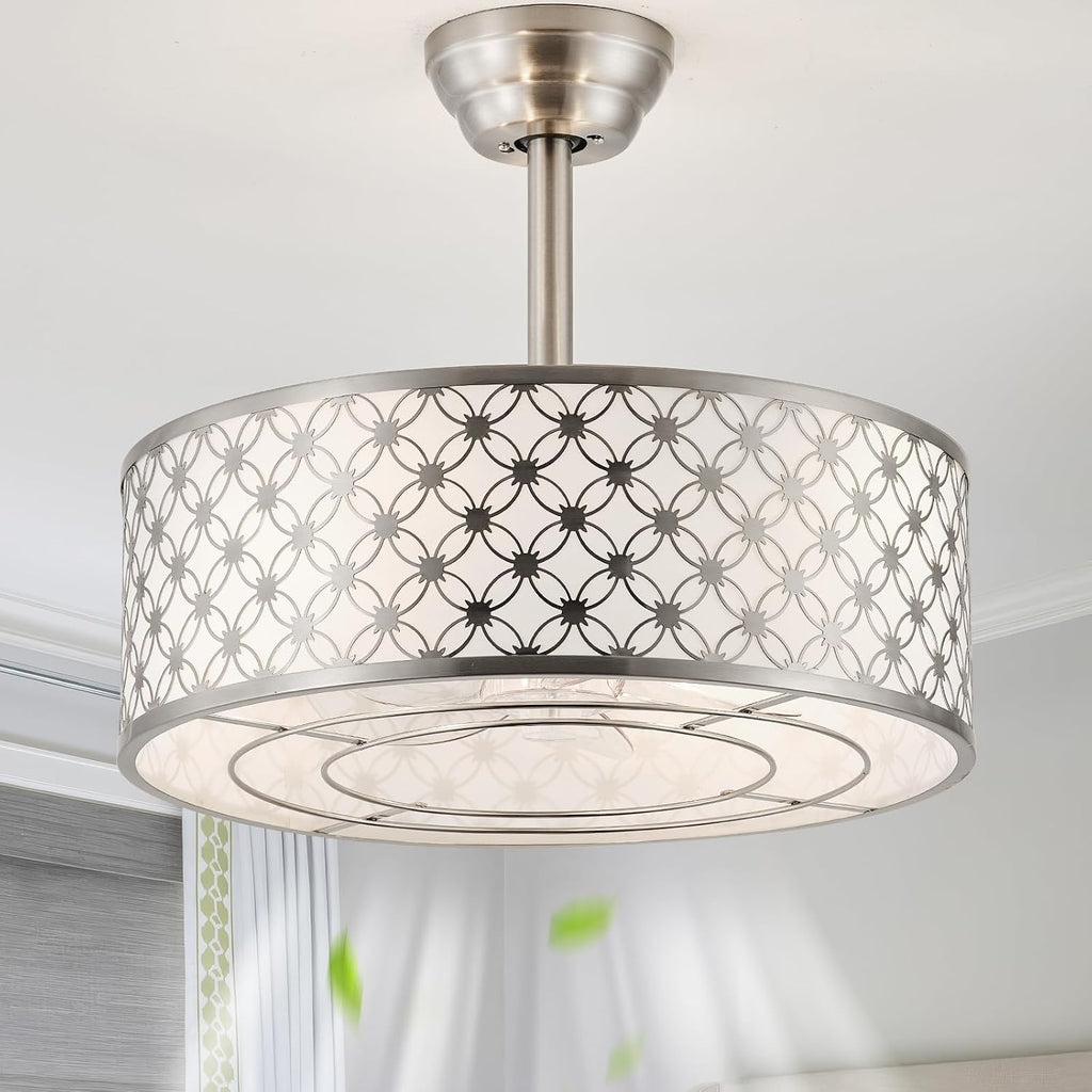 Silver Fandelier Ceiling Fan with Light, 20' Caged Silver Chandelier Ceiling Fans with Lights Remote Control, Fabric Mid-Century Modern with 6 Speeds for Bedroom, Nursery, Living Room.