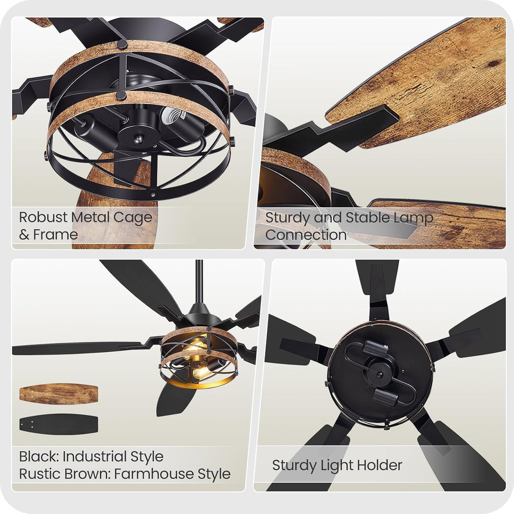 50 Inch Farmhouse Ceiling Fan with Lights and Remote, Timer, Dual Finish 5 Blades (Rustic Brown and Black), 6 Speeds, Reversible DC Motor, Rustic & Industrial Caged Ceiling Fan for Bedroom B04CF05