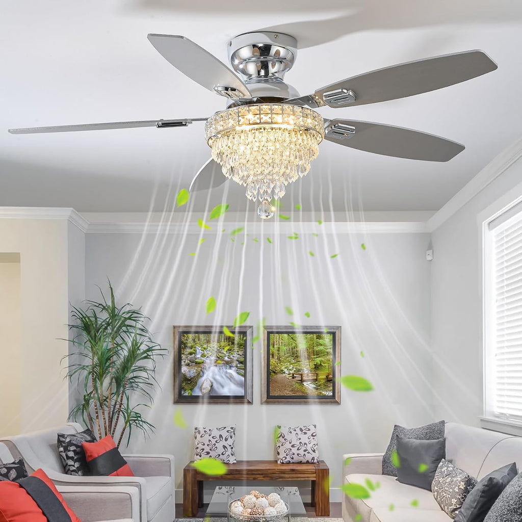 Crystal Ceiling Fan Fandelier with Lights-Ceiling Fans,50' Low Profile and Remote Control, Flush Mount, Reversible, Dimmable, Noiseless,Ceiling Fan for Bedroom（Chrome）