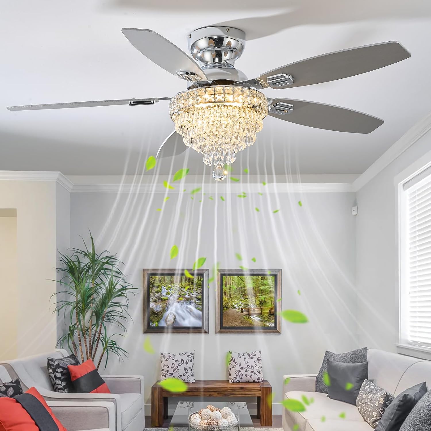 Crystal Ceiling Fan Fandelier with Lights-Ceiling Fans,50' Low Profile and Remote Control, Flush Mount, Reversible, Dimmable, Noiseless,Ceiling Fan for Bedroom（Chrome）