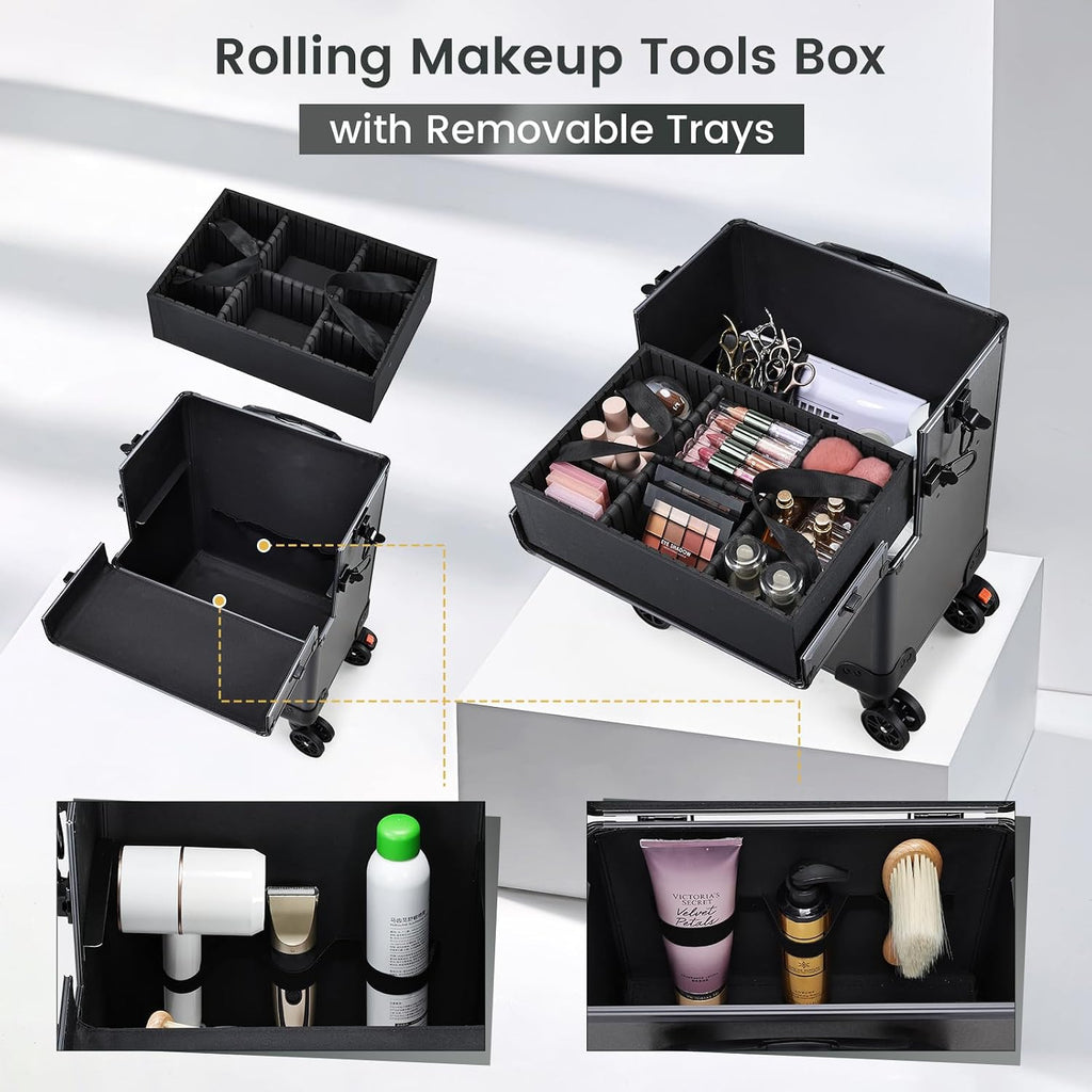 Yueieoun 5 in 1 Makeup Train Case, Cosmetology Case on Wheels Travel Make up Case Rolling Nail Cart Makeup Organizer Cosmetic Storage Box Cases Extra Large Trolley Truck, 360° Swivel Wheels, Ashy Grey