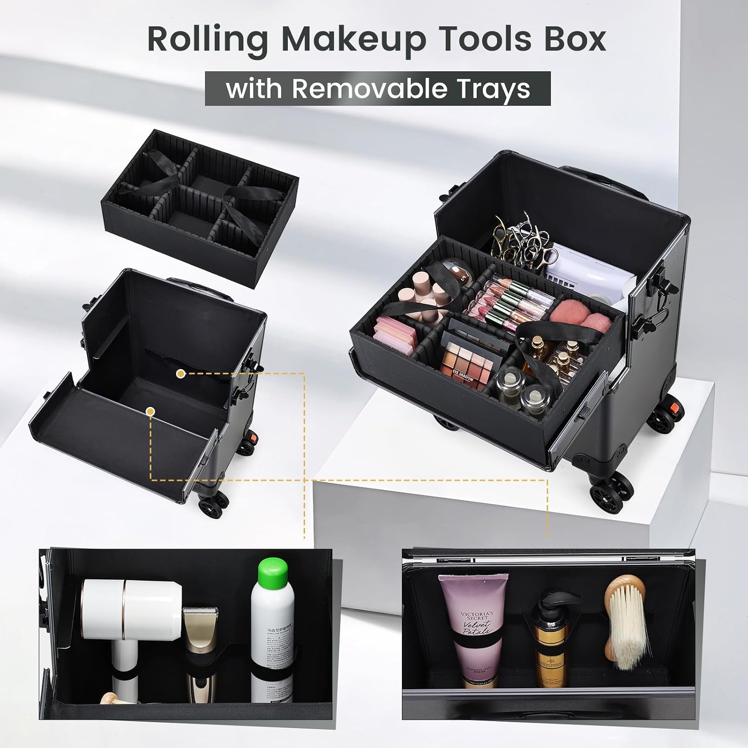 Yueieoun 5 in 1 Makeup Train Case, Cosmetology Case on Wheels Travel Make up Case Rolling Nail Cart Makeup Organizer Cosmetic Storage Box Cases Extra Large Trolley Truck, 360° Swivel Wheels, Ashy Grey