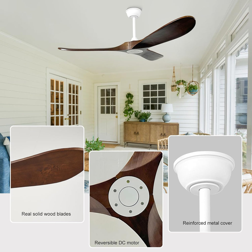 52'' Outdoor Ceiling Fan No Light,6 Speeds Adjustable with Large Airflow,Quiet Operation,Wood Propeller Ceiling Fan for Garage,Gazebo,Living Room,Bedroom(White+Dark Walnut)