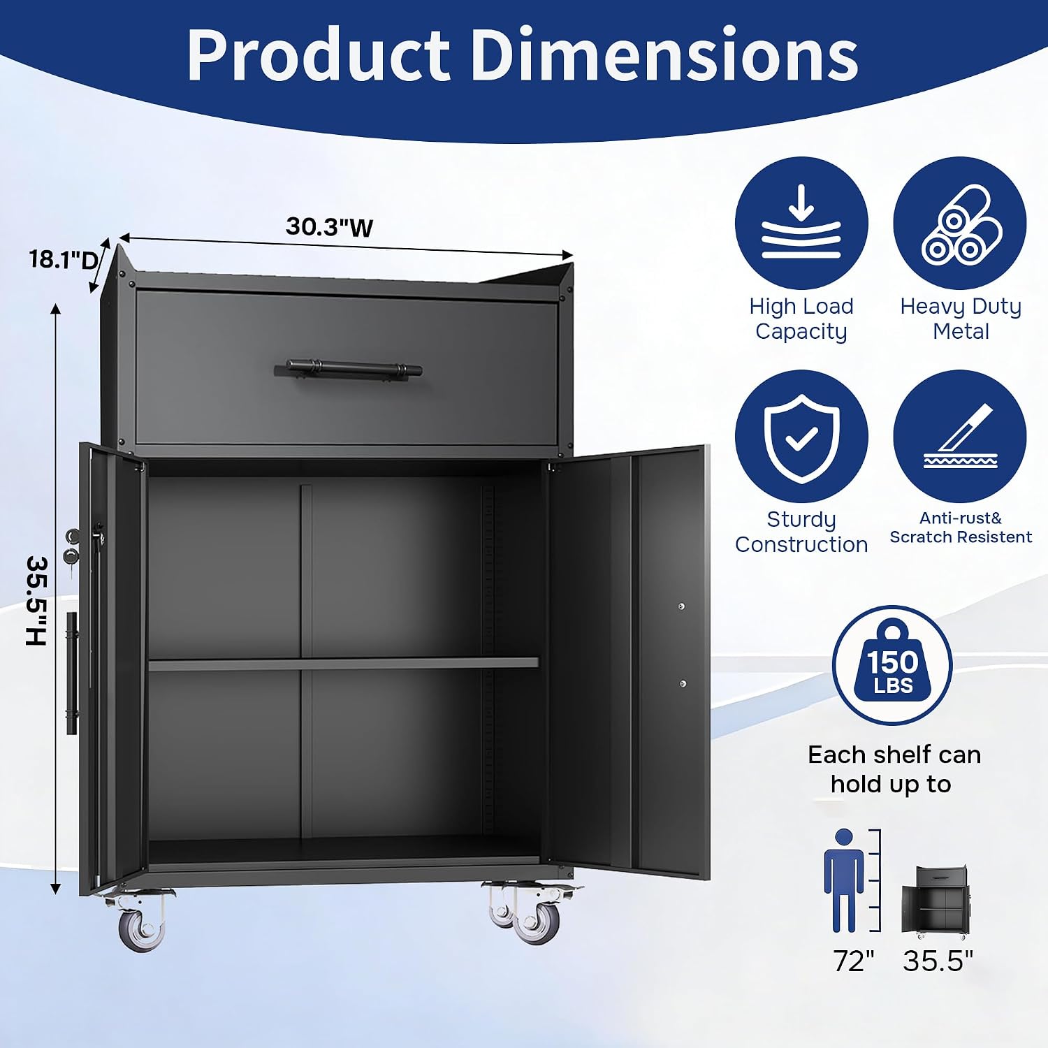 Metal Storage Cabinet with Wheels,Adjustable Shelves with Doors and Lock,Sturdy and Durable Heavy Duty Utility Storage Cabinet for Office/Kitchen/Garage/Pantry Organizer