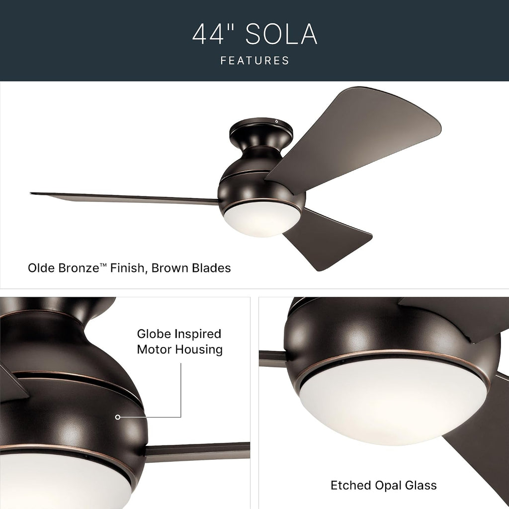 Kichler Sola LED 44' 3 Blade Fan with Etched Cased Opal Glass in Olde Bronze finish and Brown Blades