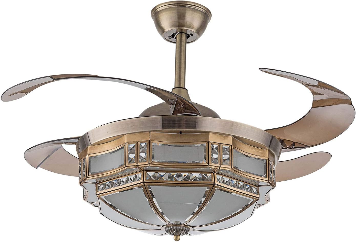 TFCFL 42 Inch Vintage Ceiling Fan Light, Tiffany Style Dimmable Chandelier Fan with Controller 3-Color Lighting 3-Speed Retractable Blades for Bedroom Living Room (Gold)