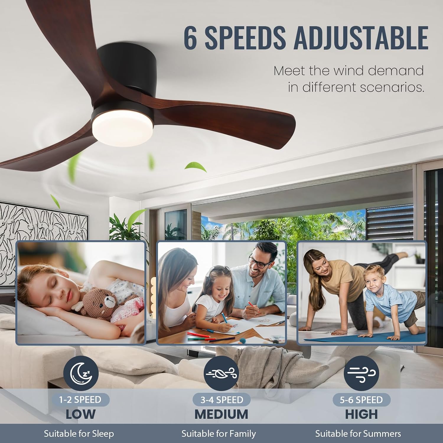 GESUM 42' Ceiling Fan with Lights Remote Control, Low Profile Ceiling Fan with 3 Walnut Wood Blades, Reversible,Dimmable, Flush Mount Ceiling Fans for Living Room Kitchen Bedroom(Black+Walnut)