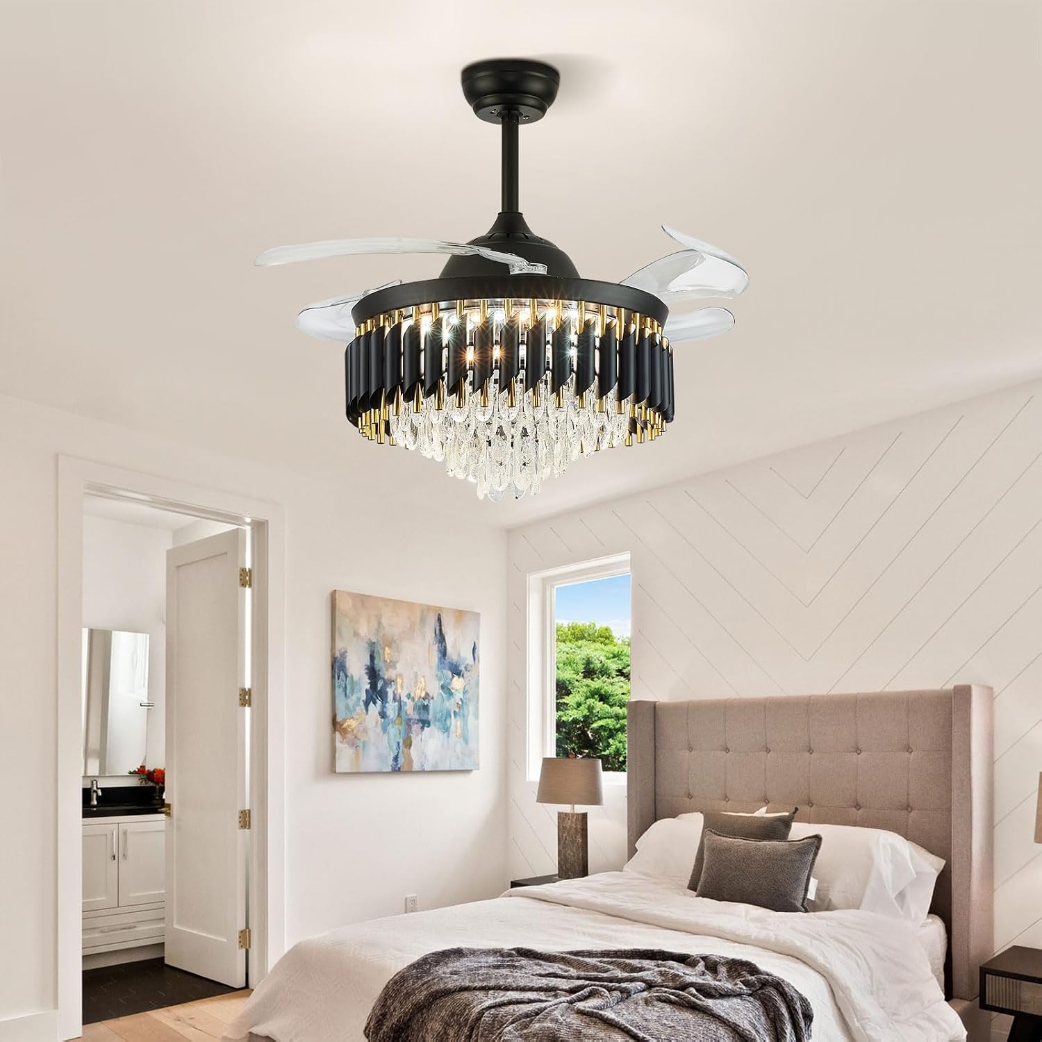 42' Black Ceiling Fan with Lights and Remote, Dimmable LED Fan Light, 4-Blade Modern Fandelier, Quiet Reversible Motor, 6 Speeds Timer, PC Blades for Bedroom Living Room Kitchen Dining Room