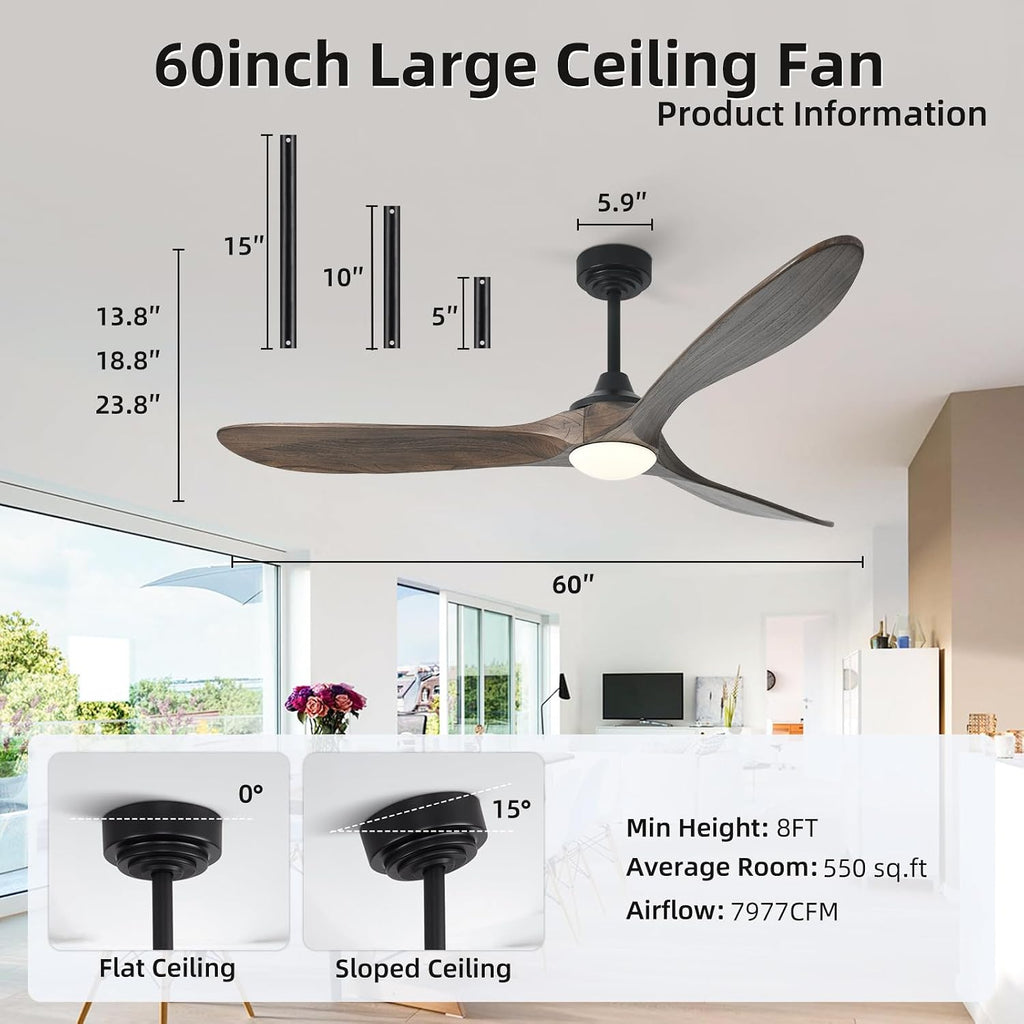 60' Outdoor Ceiling Fan with Light 3 Downrods, Smart Wood Ceiling Fan Compatible with Alexa/Google/App, 3 Blades Modern Walnut Wood Ceiling Fans for Kitchen Living Room Patio,Dark Brown