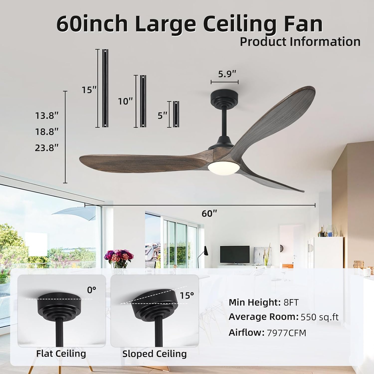 60' Outdoor Ceiling Fan with Light 3 Downrods, Smart Wood Ceiling Fan Compatible with Alexa/Google/App, 3 Blades Modern Walnut Wood Ceiling Fans for Kitchen Living Room Patio,Dark Brown