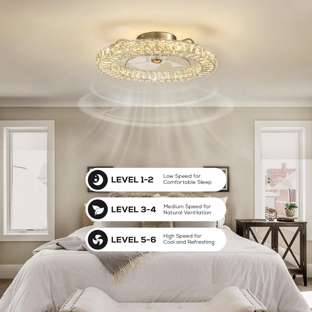 22' Low Profile Flush Mount Ceiling Fan, Ceiling Fan with Light and Remote, Dimmable Fandelier with Crystal Lampshade, Bladeless Enclosed Fan Light-Gold