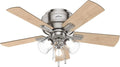 Hunter 42 inch Indoor Ceiling Fan with LED Lights and Pull Chain - Low Profile Flush Mount Ceiling Fan, 5 Blades, For Bedroom, Living Room, or Kitchen, Quiet - Crestfield 52154, Brushed Nickel