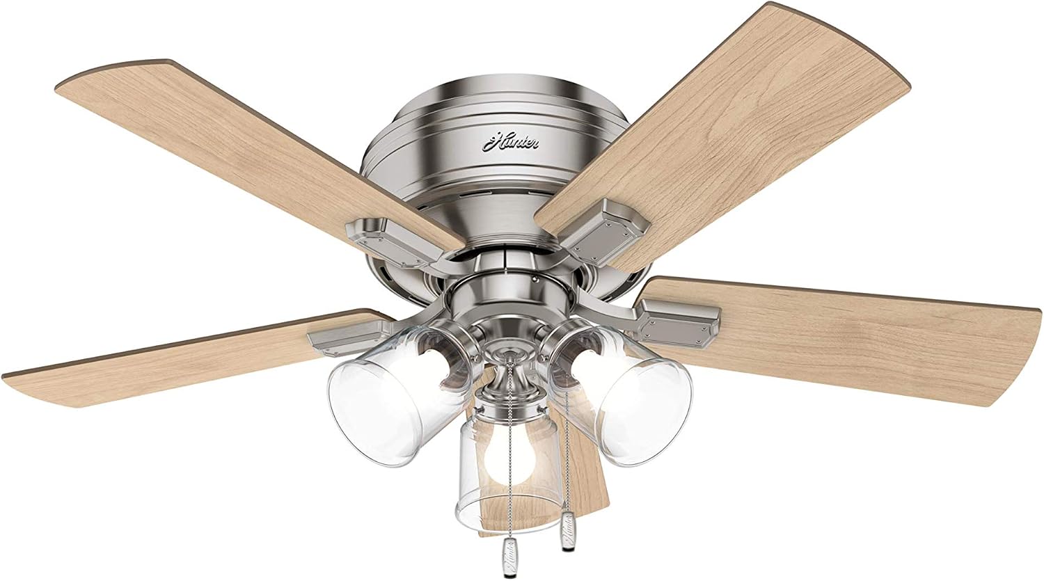 Hunter 42 inch Indoor Ceiling Fan with LED Lights and Pull Chain - Low Profile Flush Mount Ceiling Fan, 5 Blades, For Bedroom, Living Room, or Kitchen, Quiet - Crestfield 52154, Brushed Nickel