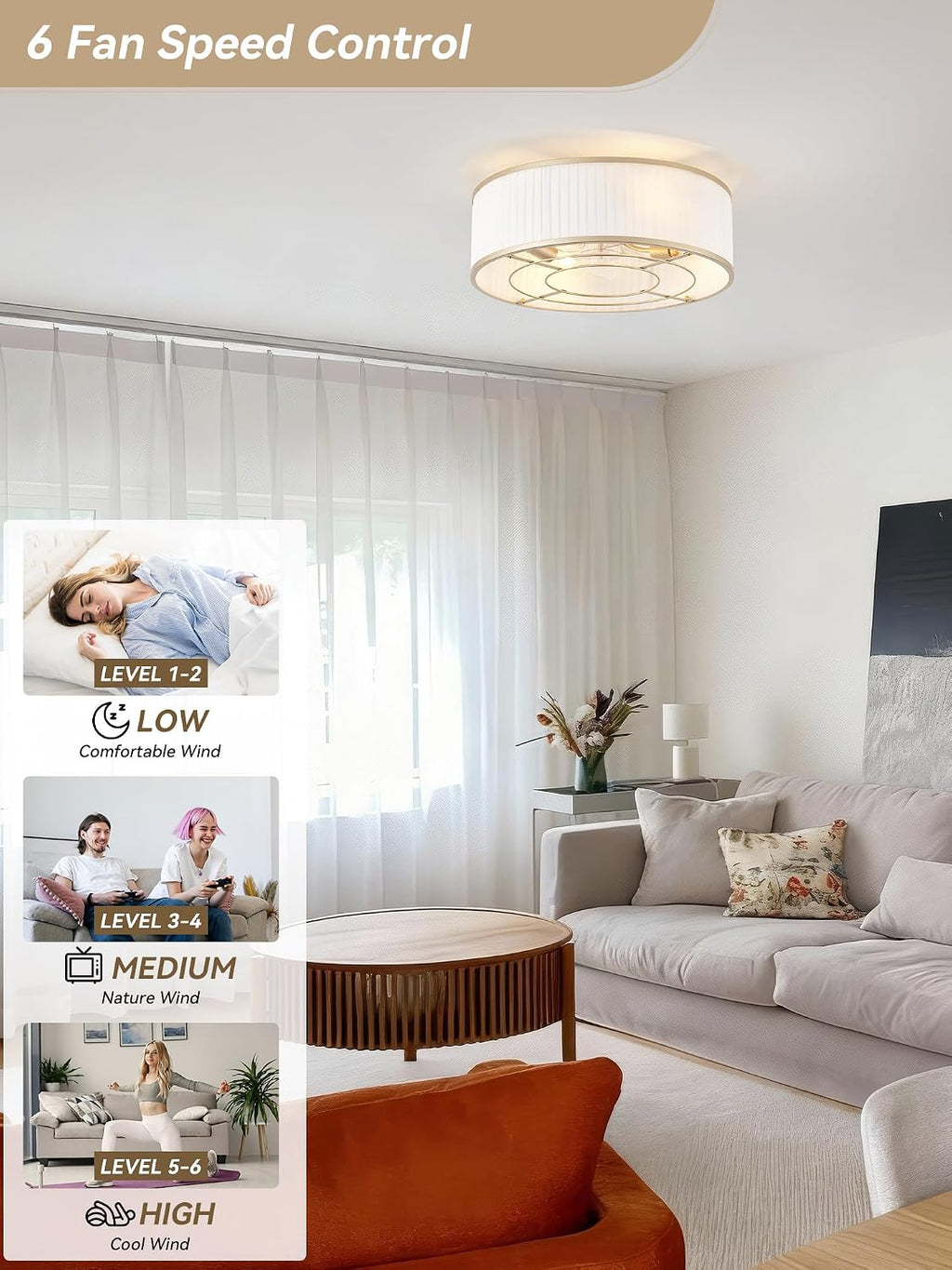 Boho Ceiling Fan with Light Flush Mount, 20' Gold Caged Ceiling Fan with Lights Remote Control, Bladeless Ceiling Fans 6 Speeds for Bedroom, Living Room, Nursery