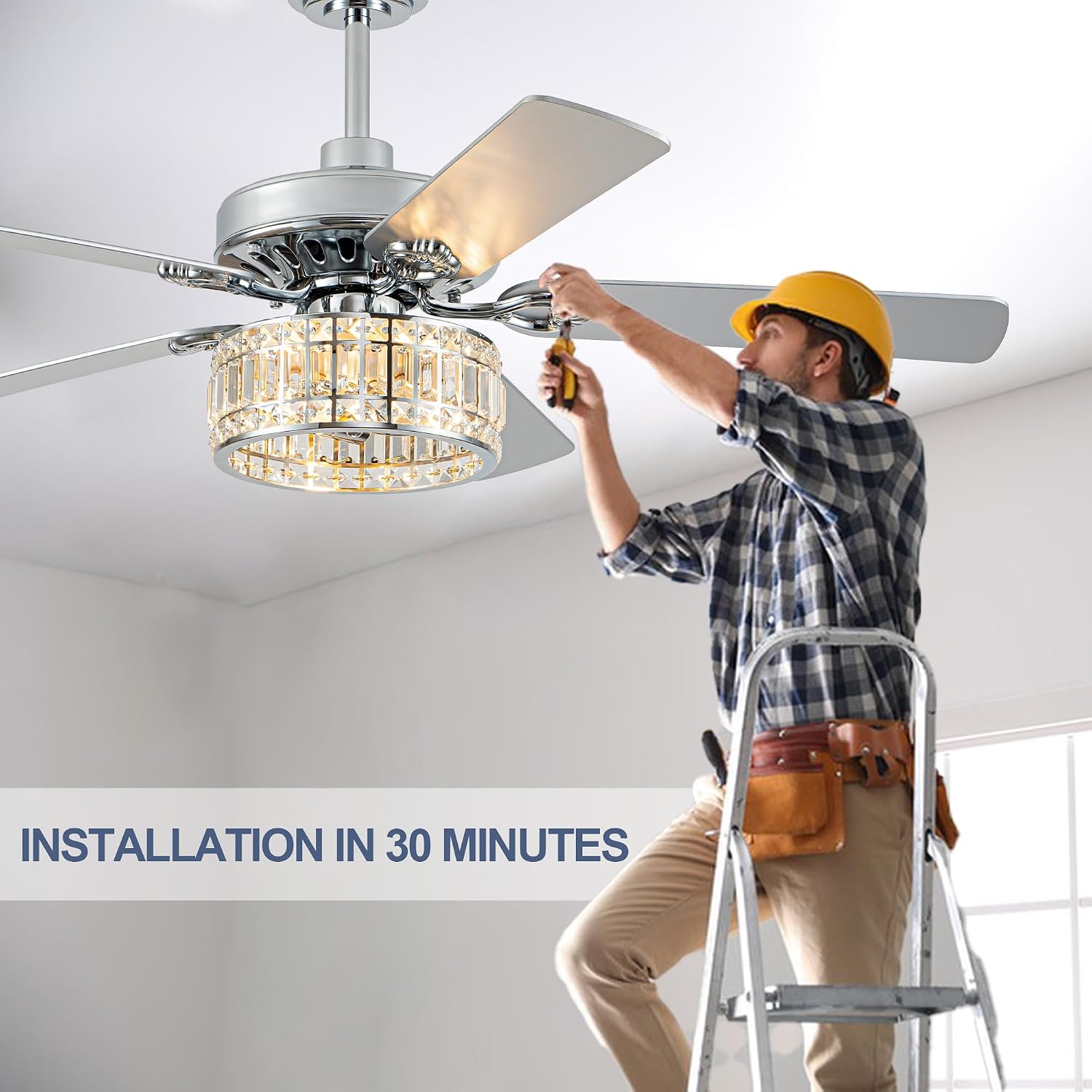 Bella Depot 52' Ceiling Fan with Light, Caged Chandelier Fan with Light (No Bulbs Included), Vintage Fandelier Fan with Quiet DC Motor for Dining Living Room Bedroom (Chrome)