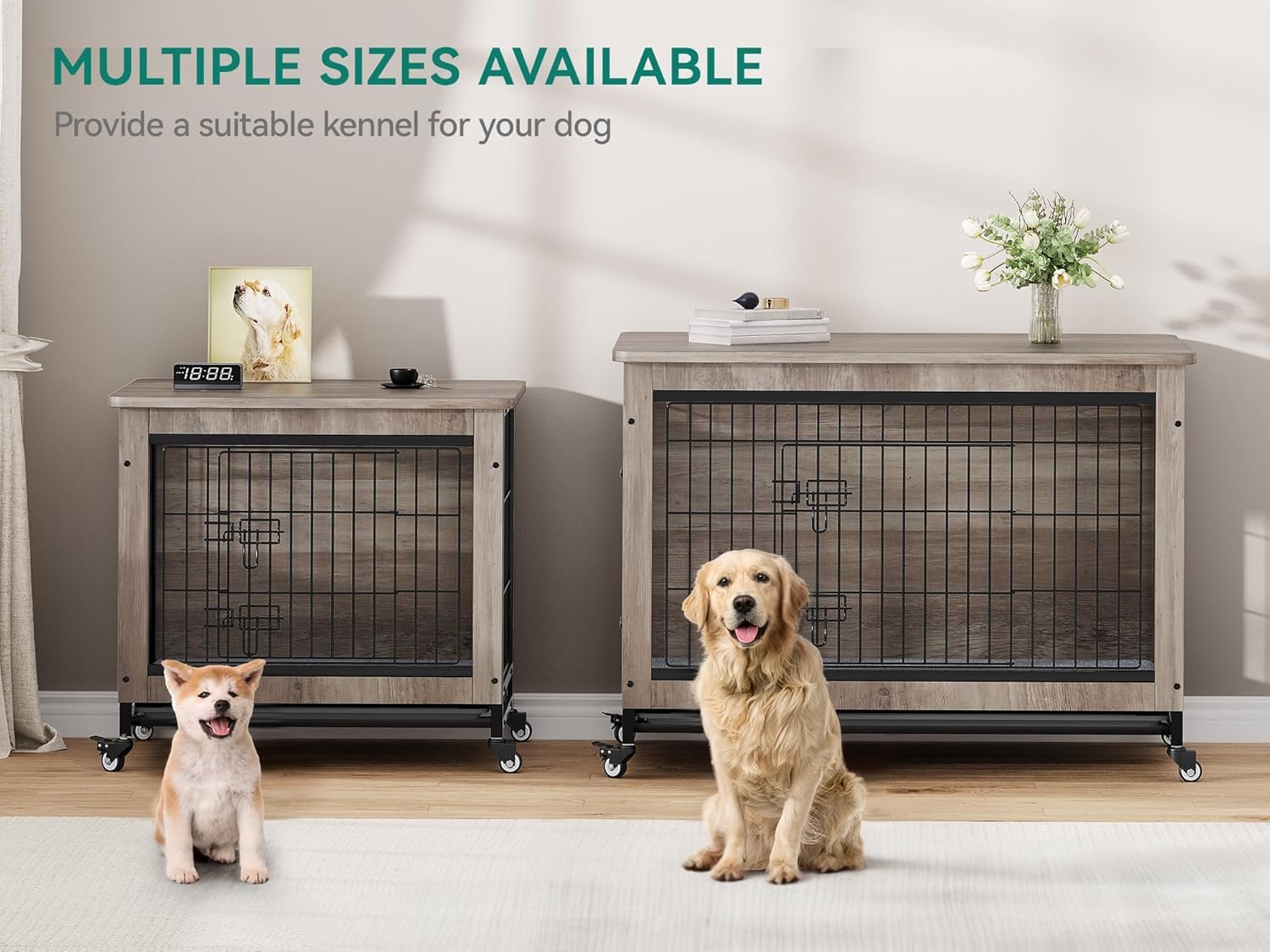 YITAHOME Dog Crate Furniture with Cushion, Dog Kennel Indoor with Wheels, Dogs Crate End Table with Tray, 27' Cage with Double Doors for Small Dogs (Gray)