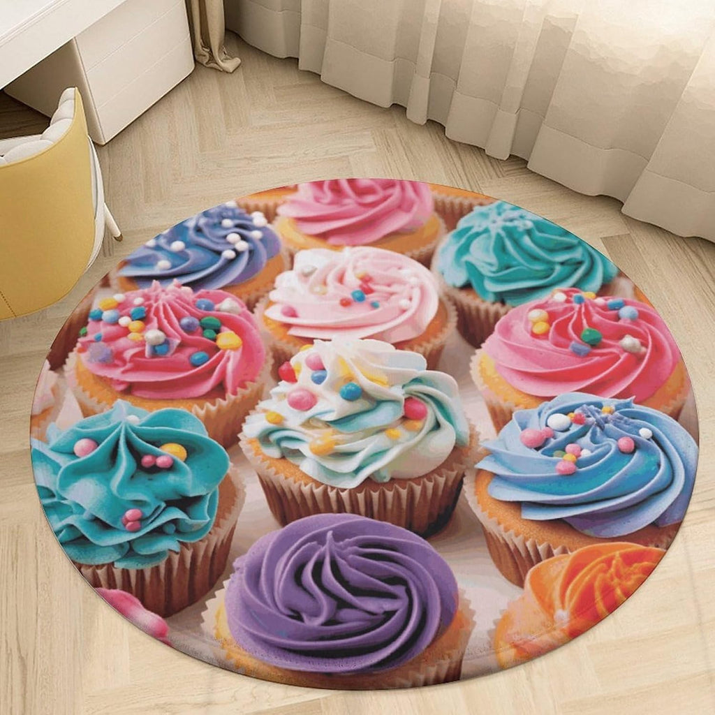 Birthday Cupcakes Coral Velvet Round Floor Mat Non-Slip Bath Rug Floor Covering for Bathroom Vanity Guest Suite & Vacation Home