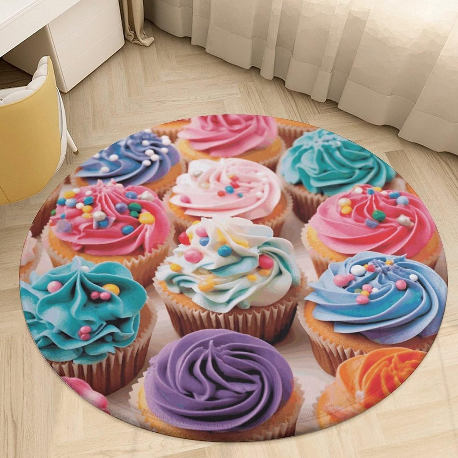 Birthday Cupcakes Coral Velvet Round Floor Mat Non-Slip Bath Rug Floor Covering for Bathroom Vanity Guest Suite & Vacation Home