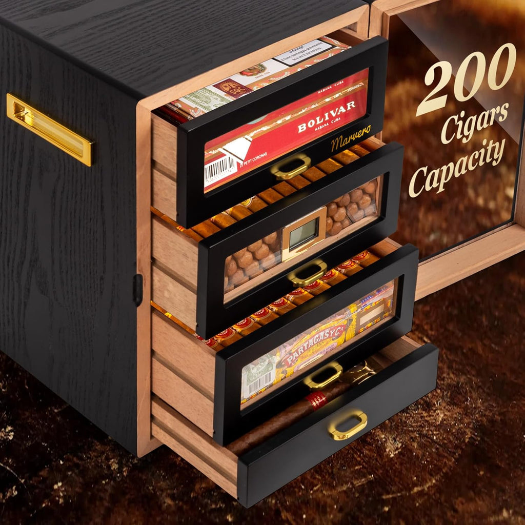 Cigar Humidor, Desktop Humidor Cabinet Triple-Sided Light with Digital Hygrometer, Humidifier and Humidity Packs. 4 Cedar Wood Drawers, Cigar Humidor Box can Hold 200 Cigars,Present for Men