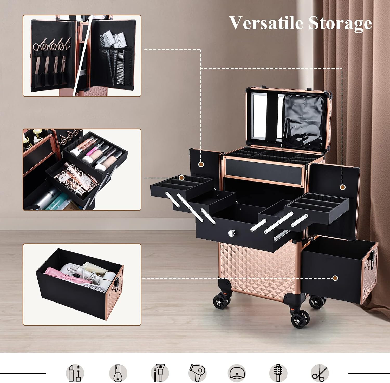 Professional Makeup Artist Rolling Train Case Multi-functional Cosmetic Train Case Large Trolley Storage Case for Nail Technicians Cosmetology Case for Hairstylist Rose Gold