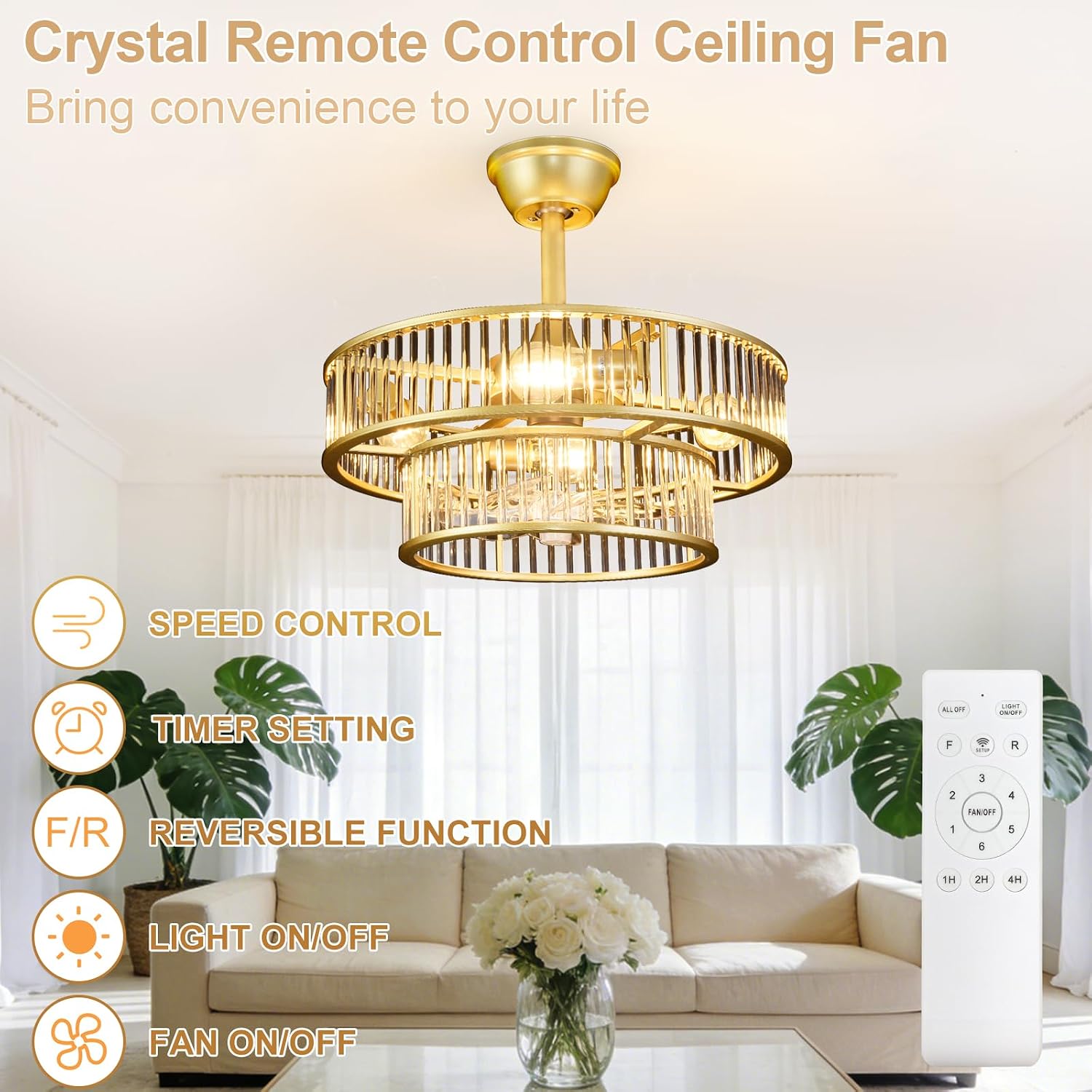 Depuley Bedroom Ceiling Fan with Lights: 20' Gold Chandelier Cagd Fan with Remote Control - Modern Crystal Fandelier for Girl's Bedroom Living Room Nursery (E26 Bulbs Not Included)
