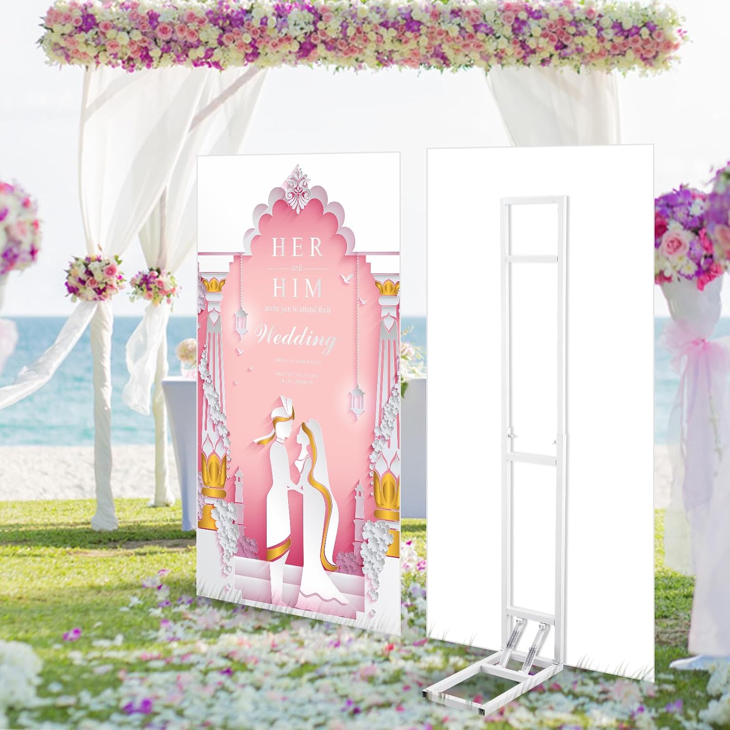 Teenyyou White Wedding Backdrop Stand Metal Balloon Arch Backdrop Stand with Foldable Base for Wedding Birthday Party Anniversary Decor, Adjustable Height(1-2m H) Installation Free(2 Pack)