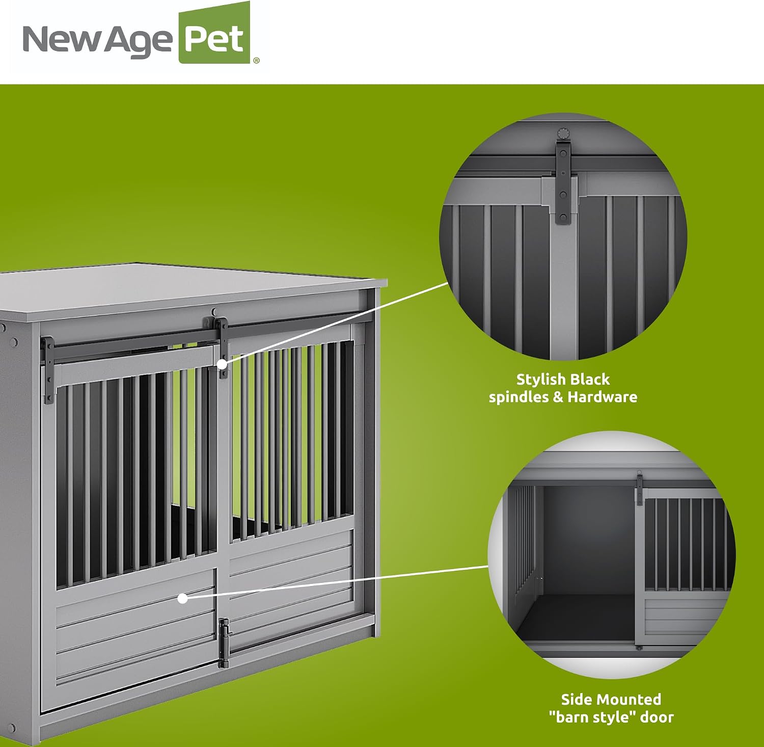 New Age Pet ECOFLEX® X-Large Barn Door Dog Crate & End Table, Indoor Furniture Style Kennel for Medium & Large Dogs, Durable Material in White and Grey