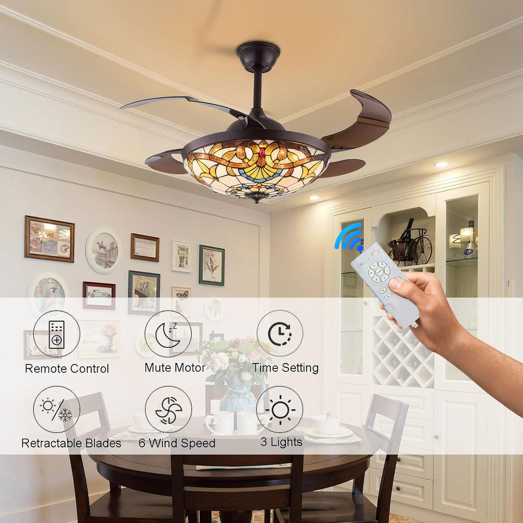 TFCFL 42 Inch Tiffany Style Invisible Ceiling Fan with Lights and Remote Control,Stained Glass Ceiling Fan Vintage Chandelier with Retractable Reverse Blades 6 Speeds 3 Light for Bedroom Living Room