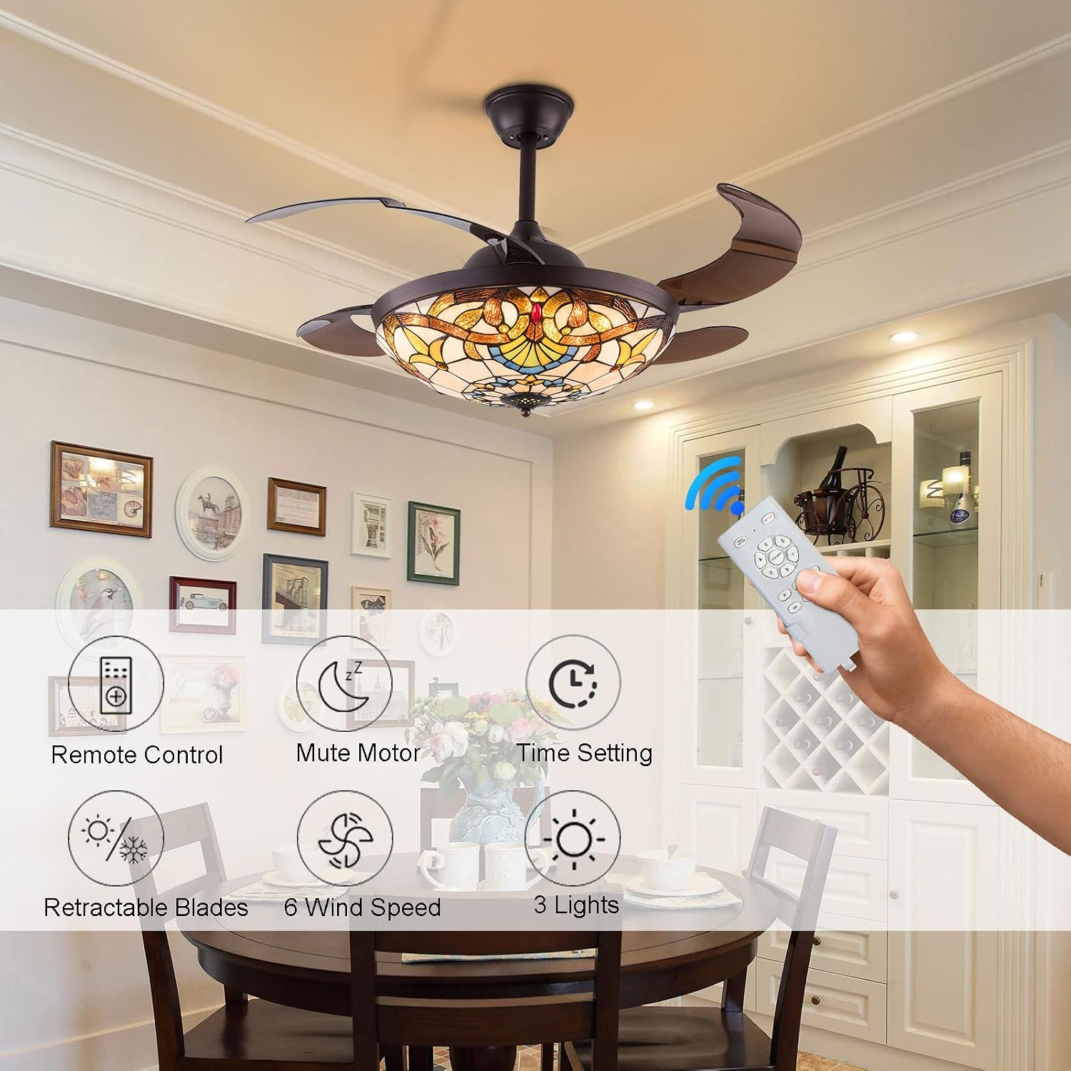 TFCFL 42 Inch Tiffany Style Invisible Ceiling Fan with Lights and Remote Control,Stained Glass Ceiling Fan Vintage Chandelier with Retractable Reverse Blades 6 Speeds 3 Light for Bedroom Living Room