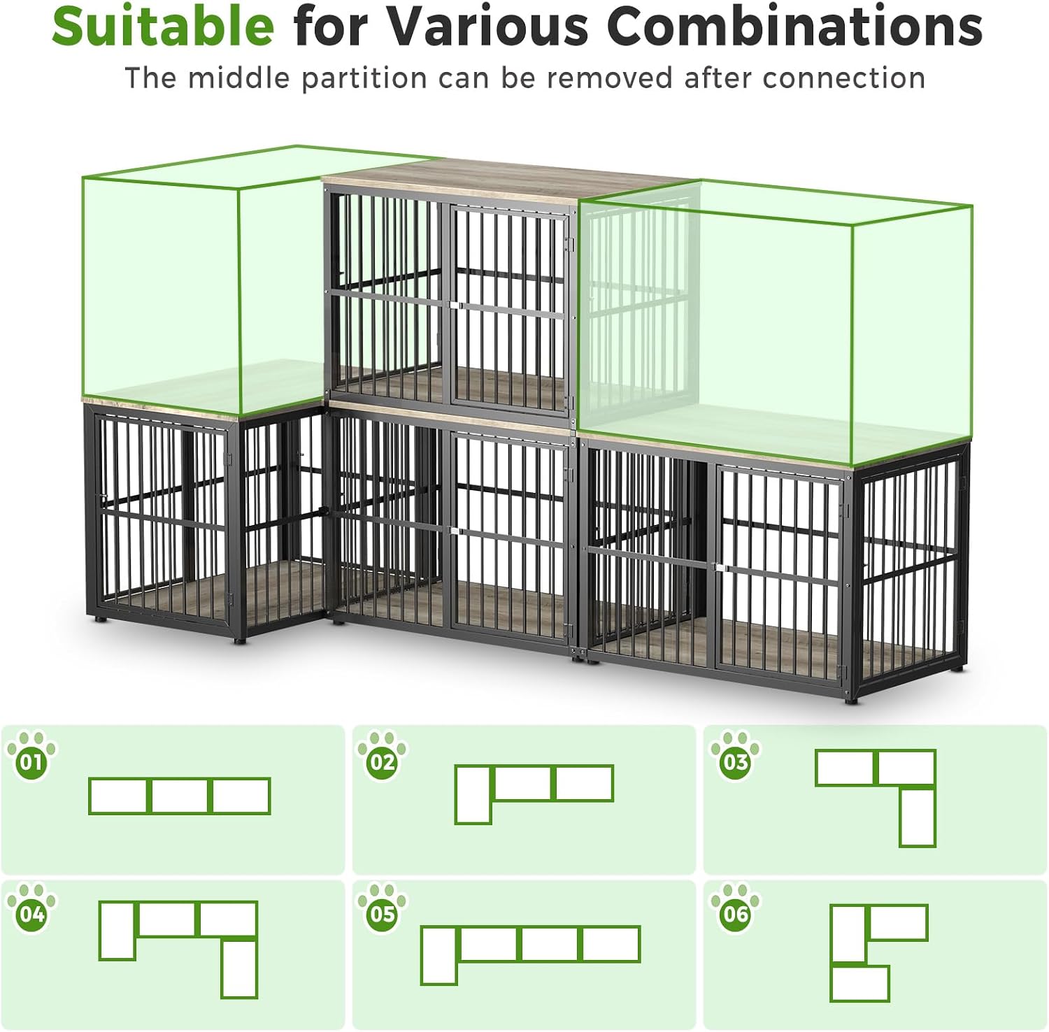 Lyromix 43'' L-Shaped Corner Dog Crate Furniture Large Breed with Double Rooms,Wooden Dog Crate End Table Indoor with Removable Divider for Small to Medium Dogs, Can Use Separately