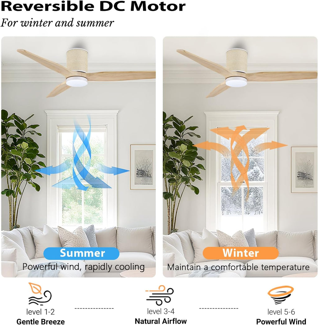 LEDLUX 52' Ceiling Fan with Light - Low Profile Flush Mount Ceiling Fan, 6-Speed Remote Control, Solid Wood, Quiet Reversible DC Motor, Boho Style, for Bedroom, Living Room, Porch, Light Oak/White
