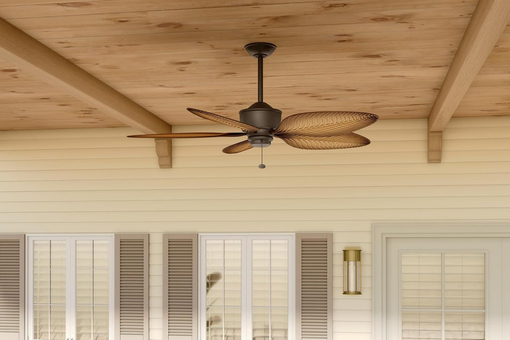 Kichler Nani 56 in Outdoor Ceiling Fan Weather+ 5 Blade AC Motor with Pull Chain in Satin Natural Bronze and Ivory with Walnut Blades for Covered Patios, 310095SNB