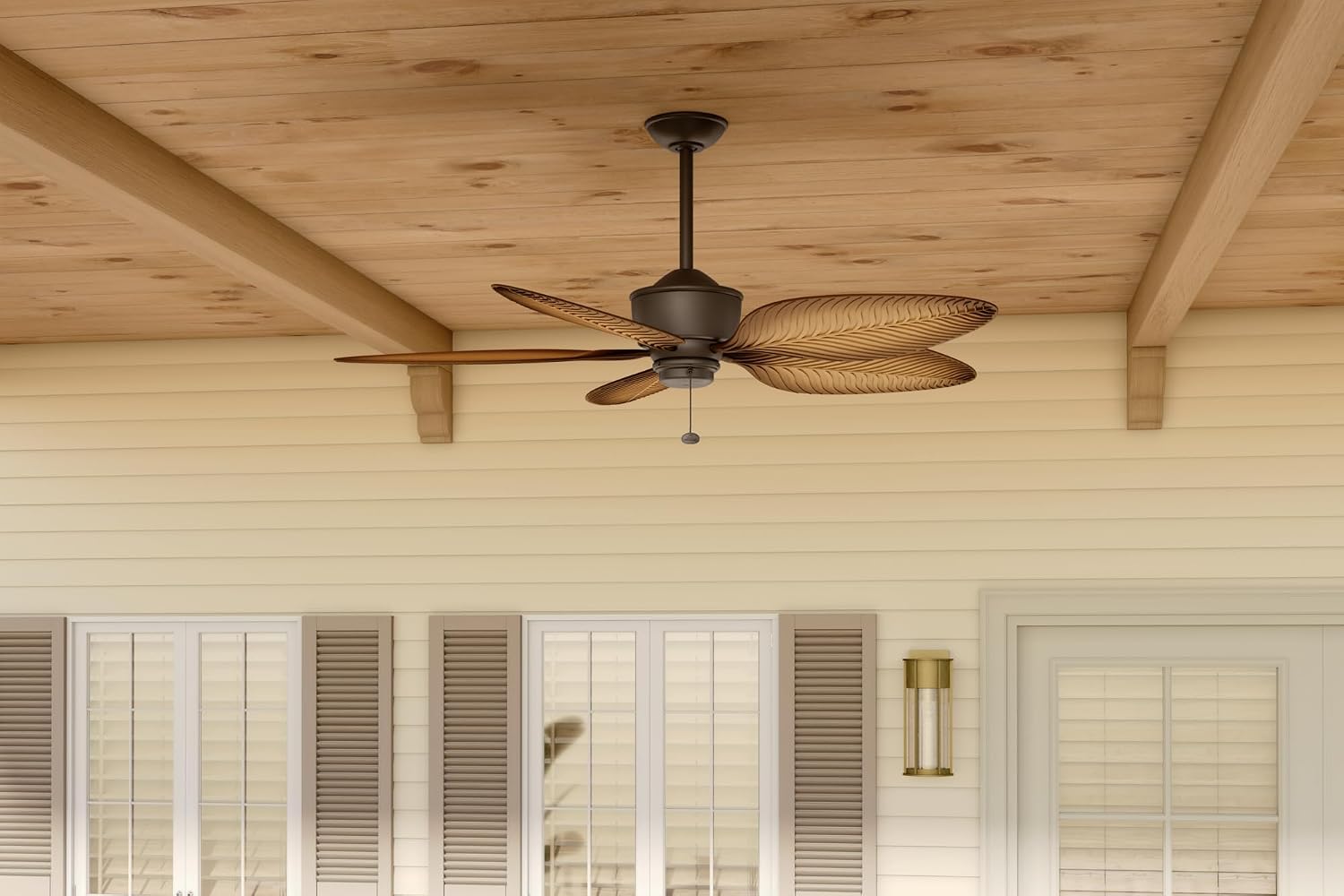 Kichler Nani 56 in Outdoor Ceiling Fan Weather+ 5 Blade AC Motor with Pull Chain in Satin Natural Bronze and Ivory with Walnut Blades for Covered Patios, 310095SNB