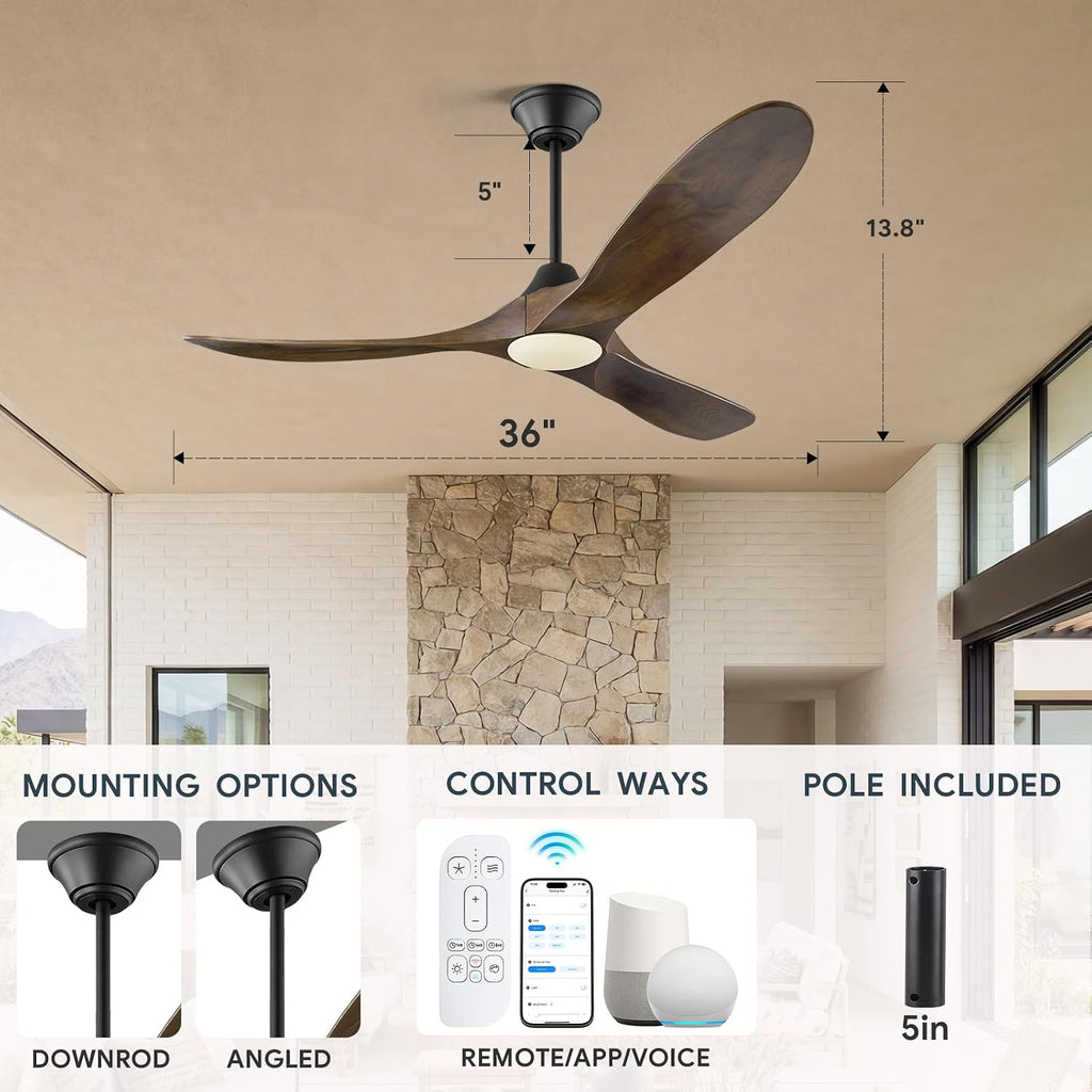 36 Inch Smart Ceiling Fan with Lights, Indoor Outdoor Ceiling Fans 3 Wood Blades, 6 Speeds Dimmable Quiet DC Motor, Remote/Alexa WiFi App Control, Modern Low Profile for Small Bedroom Patio Office