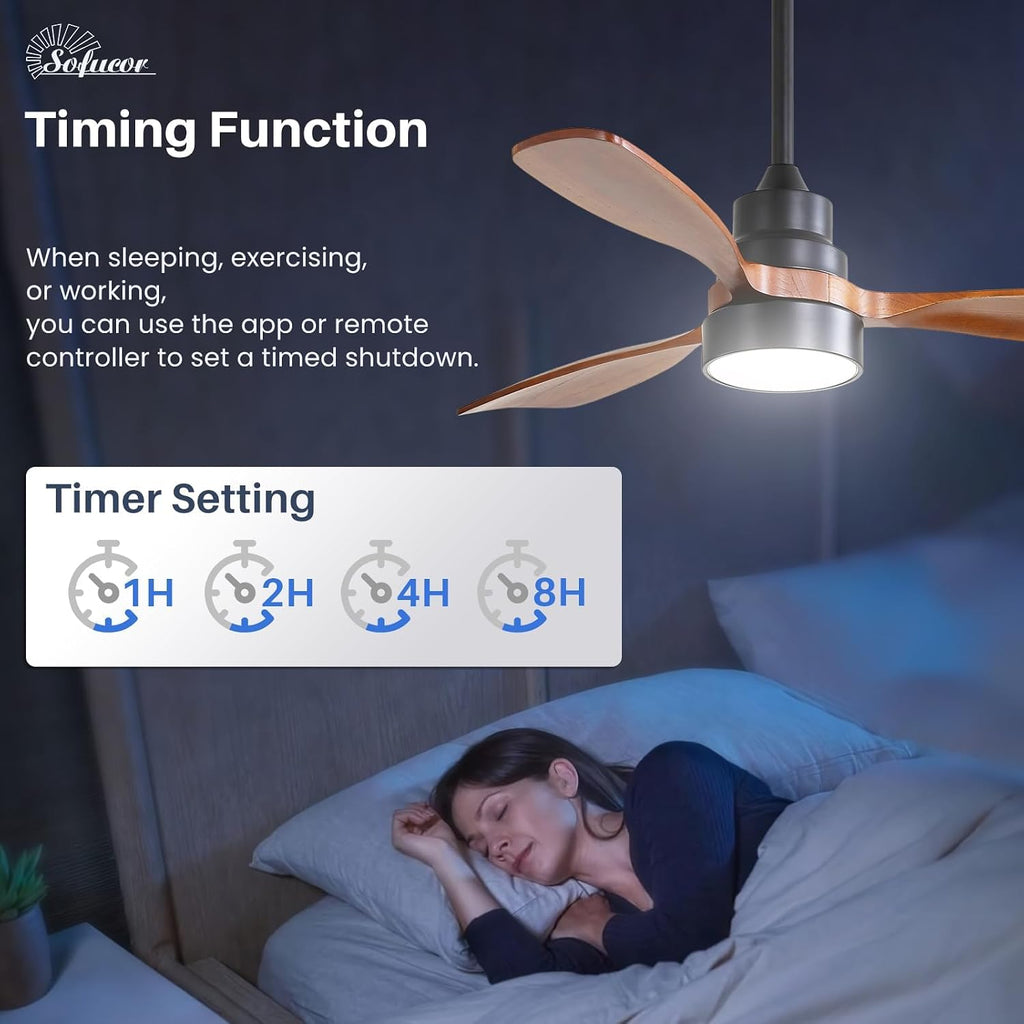 Sofucor 48 Inch Smart Ceiling Fan with Light, Solid Wood Low Profile Ceiling Fans with Lights and Remote, Work with Alexa/Google/App, Quiet DC Motor, 3 Blade Ceiling Fan for Bedroom Living Room Patio
