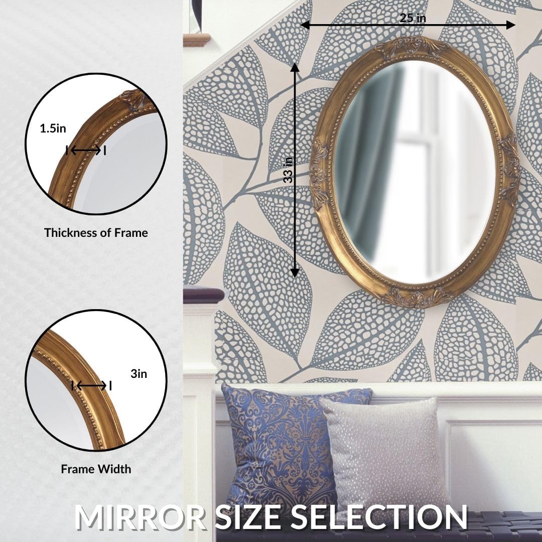 Howard Elliott Collection Queen Ann Oval Antique Gold Leaf Wall Mirror, Oval Bevelled Hanging Wood Framed Vanity Mirrors for Home Decor, Living Room, Bathroom, Bedroom, or Hallway, 25 x 33 Inch