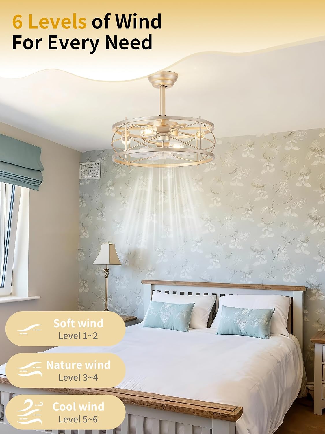 20' Farmhouse Fandelier Ceiling Fan with Light, Caged Bladeless Ceiling Fans with Lights and Remote, Rustic Small Enclosed with 6 Speeds for Bedroom, Kitchen, Living Room, Gold